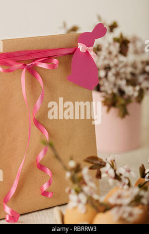 Happy easter. Easter decoration - flowering branches in the shell from the eggs. Selective focus. Stock Photo