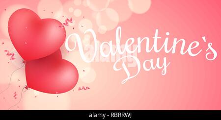 Valentine's Day cover. Flying balloons from the heart with calligraphy. Abstract lights bokeh on a pink background. Romantic composition. Confetti and Stock Vector