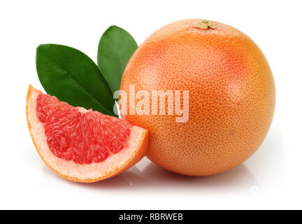 Grapefruit and slice with leaves isolated on white background Stock Photo