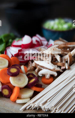 Carrots, shiitakes, radishes, and udon noodles ready for making soup. Stock Photo
