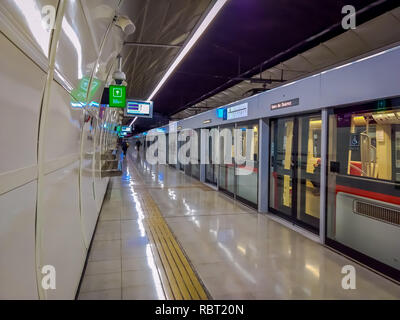 SANTIAGO, CHILE - SEPTEMBER 14, 2018: Unidentified people inside of electric train on central sweeden railway station in Santiago, Chile Stock Photo