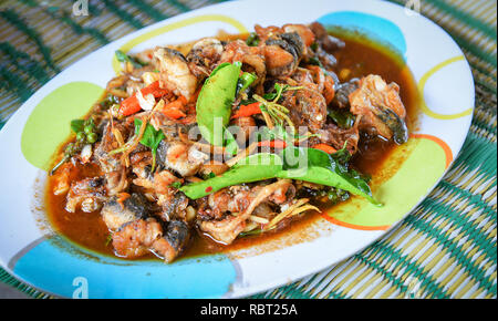 Frog Cook / Delicious frog meat chopped puff hot and spicy with herb spices on plate - Stir fried frog and red curry paste Stock Photo