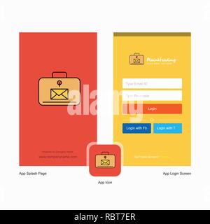 Company Message briefcase Splash Screen and Login Page design with Logo template. Mobile Online Business Template Stock Vector