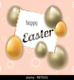 Happy Easter lettering background with realistic Golden glitter decorated eggs . Vector illustration postcard, advertising, promotion, poster, flyer,  Stock Vector