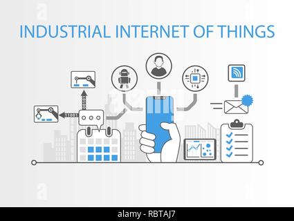 Industrial internet of things concept with hand holding modern bezel free smart phone Stock Vector