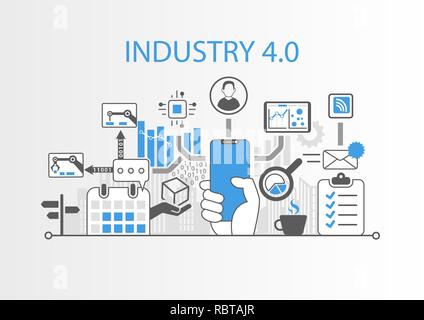 Industry 4.0 concept with hand holding modern bezel free smart phone Stock Vector