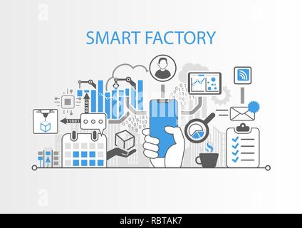 Smart factory concept with hand holding modern bezel free smart phone Stock Vector