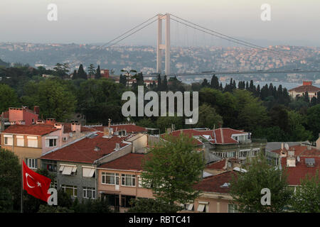 The Bosphorus Bridge visible across rooftops, Istanbul, Turkey Stock Photo