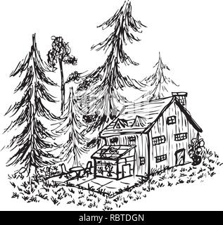 Sketch of a lodge at a forest glade by jziprian Stock Vector