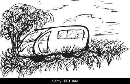 Sketch of a caravan parked under a tree by jziprian Stock Vector