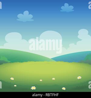 Spring landscape with fields and green hills - vector illustration Stock Vector