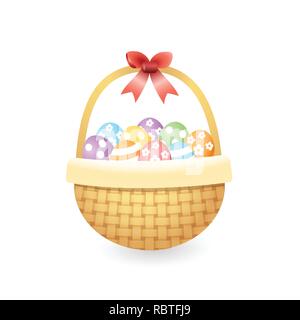 Knitted basket with colorful easter eggs - isolated on white vector illustration Stock Vector
