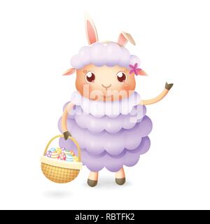 Cute sheep with easter eggs in basket celebrate Easter - isolated on white background Stock Vector