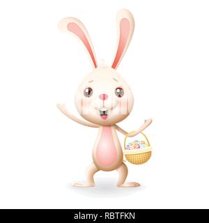 Cute little bunny with decorated eggs in knitted basket celebrate Easter - isolated on white background Stock Vector