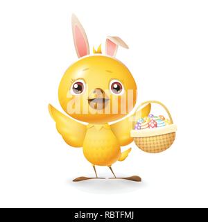 Cute little chicken with bunny ears and knitted basket with eggs celebrate Easter - isolated on white background Stock Vector
