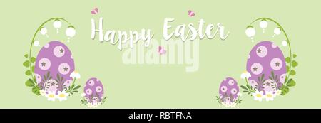 Happy Easter banner with eggs and flowers on green background - vector illustration Stock Vector