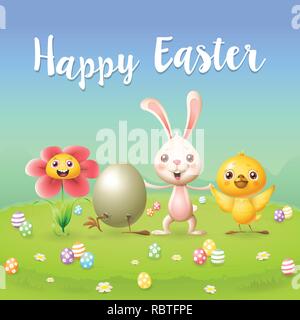 Happy friends celebrate Easter - spring landscape background - greeting card Stock Vector