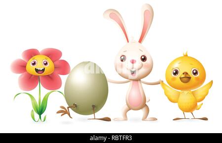 Happy friends celebrate Spring or Easter - Flower, Hatched egg, Bunny and Chicken - vector illustration characters Stock Vector