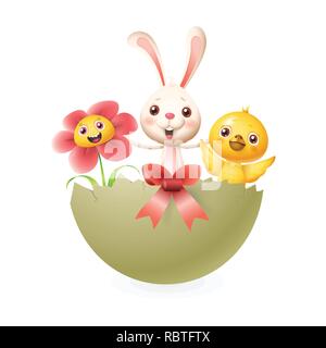 Bunny chicken and flower celebrate Easter in decorated opened egg - vector illustration isolated on white background Stock Vector