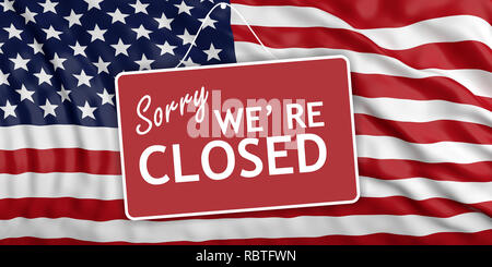 US government shutdown. Sorry we re closed sign on waving US flag background. 3d illustration Stock Photo