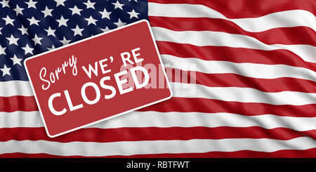 US government shutdown. Sorry we re closed sign on waving US flag background. 3d illustration Stock Photo