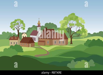 Sketch of rural landscape with hills, fields and countryhouse. Skyline ...