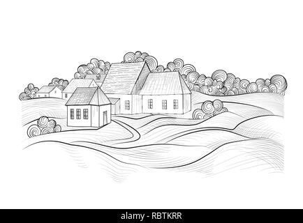 Sketch of rural landscape with hills, fields and countryhouse. Skyline with coundtry houses and farm buildings Stock Vector