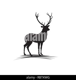 Deer silhouette. Wild animal reindeer drawn logo design Stock Vector