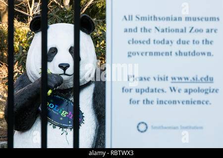 Washington, DC, USA. 11th Jan, 2019. A sign outside of the Smithsonian National Zoological Park informing visitors that the Zoo is closed due to the partial Government shutdown in Washington, DC on January 11, 2019. The shutdown, now entering it's 22nd day, is the longest Government shutdown in U.S. history. Credit: Kristoffer Tripplaar/Alamy Live News Stock Photo