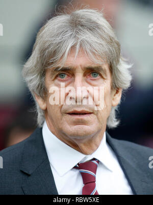 London, UK. 12th January 2018.  Manuel Pellegrini manager of West Ham United during the Premier League match between West Ham United and Arsenal played at London Stadium, London, UK. Picture by: Jason Mitchell/Alamy Live News  English Premier and Football League images are only to be used in an editorial context, images are not allowed to be published on another internet site unless a licence has been obtained from DataCo Ltd Credit: Jason Mitchell/Alamy Live News Stock Photo