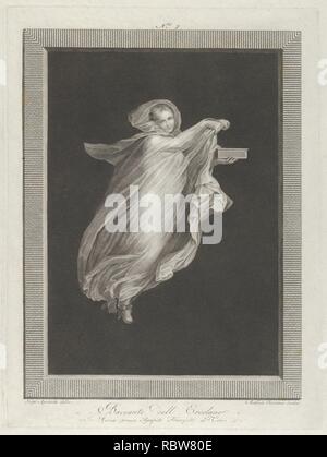 669056 A bacchante wearing a hooded shawl and holding a box in her left hand, set against a black background inside a rectangular frame Stock Photo