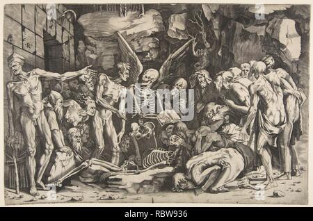343597 A group of emaciated men and women gathered around a skeleton laid on the ground and a figure of Death as a winged skeleton standing above it holding an open book Stock Photo