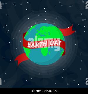 World Earth Day poster with Earth globe and ribbon in outer space in flat design. Vector illustration. Earth globe with red ribbon, ecology concept Stock Vector