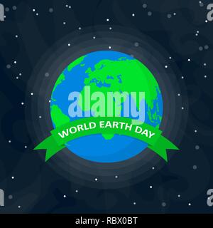 World Earth Day poster with Earth globe and ribbon in outer space in flat design. Vector illustration. Earth globe with green ribbon, ecology concept Stock Vector