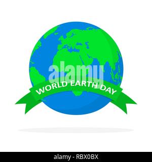 World Earth Day poster with globe and ribbon in flat design. Vector illustration. Earth globe with green ribbon, ecology concept Stock Vector