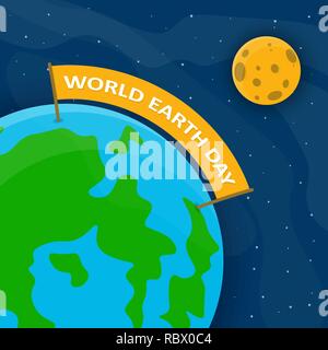 World Earth Day poster with Earth globe and ribbon in outer space. Vector illustration. Earth globe with festive ribbon and moon, ecology concept Stock Vector