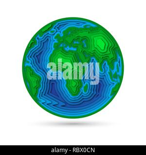 Earth planet in 3d paper cut design, isolated. Vector illustration. Paper art cut design element Stock Vector