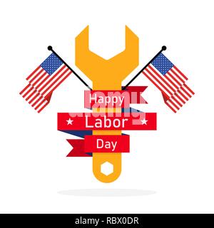 Happy Labor Day, background with a wrench and red ribbon. Vector illustration. Labor Day, banner or label in flat design. Stock Vector