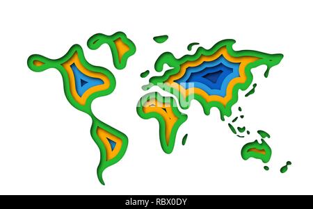 World map shape in modern 3d paper cut art style. Vector illustration. Colorful layered papercraft cut out design. Stock Vector