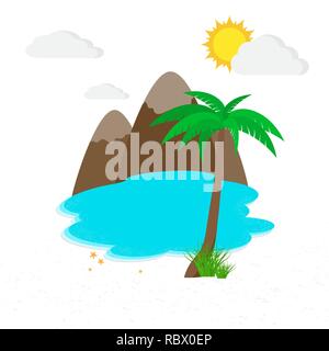 Sea, beach with palm tree and mountains in flat design. Vector illustration. Travel or vacation concept Stock Vector