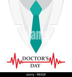 A doctors suit or lab coat with sign of heartbeat, in flat design. Vector illustration. Medical cute background for Doctors day Stock Vector