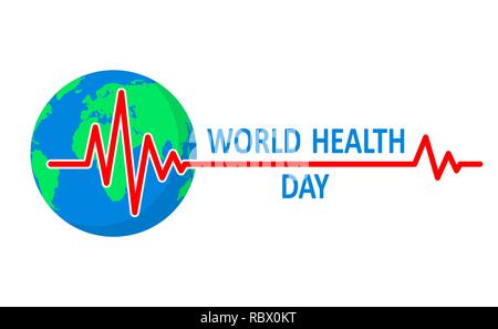 Health day logo with sign of heartbeat, and Earth globe. Vector illustration. Medical cute background for Health day Stock Vector