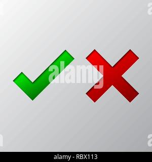 Paper art of the green check mark and red cross. Vector illustration. Approved and reject symbols is cut from paper. Stock Vector