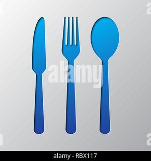 Paper art of the blue spoon, fork and knife isolated. Vector illustration. Cutlery icons is cut from paper. Stock Vector