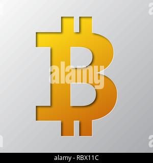 Paper art of the yellow symbol of bitcoin isolated. Vector illustration. Bitcoin symbol is cut from paper. Stock Vector