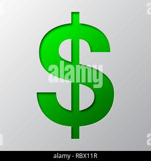 Paper art of the green symbol of dollar isolated. Vector illustration. Dollar symbol is cut from paper. Stock Vector