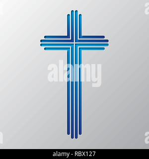 Paper art of the blue Christian cross isolated. Vector illustration. Christian cross icon is cut from paper. Stock Vector