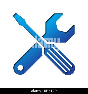 Paper art of the blue wrench and screwdriver isolated. Vector illustration. Symbol of service is cut from paper. Stock Vector