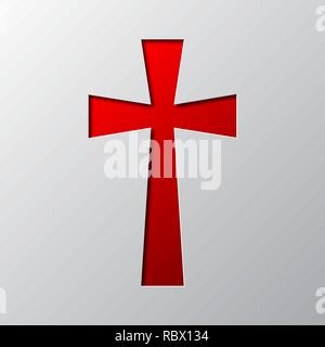 Paper art of the red Christian cross isolated. Vector illustration. Christian cross icon is cut from paper. Stock Vector
