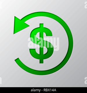 Paper art of the green cash back symbol isolated. Vector illustration. Cash back icon is cut from paper. Stock Vector